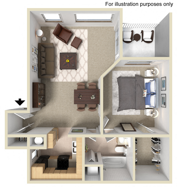 Floor plan for 1 bed, 1 bath, 878 sqft